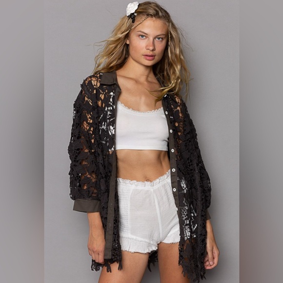 #130 4th of July Sale! POL Lace Crochet Balloon Sleeve button down shirt - Picture 4 of 7